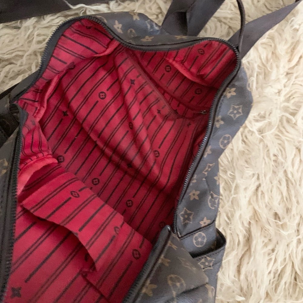 Backpack Brown & Tan Exterior Canvas & Red Inside Lining Gold Hardware - Picture 9 of 16
